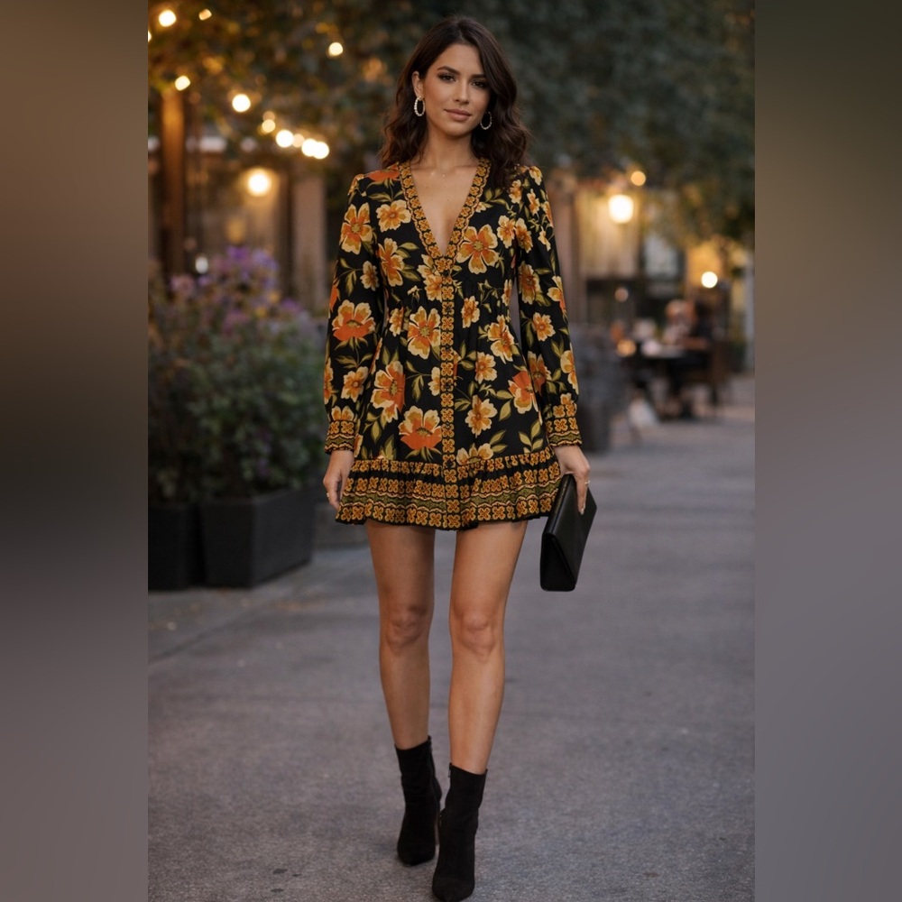 Ella Woven Floral Print V-Neck Long Blouson Sleeve Button Front dress $179